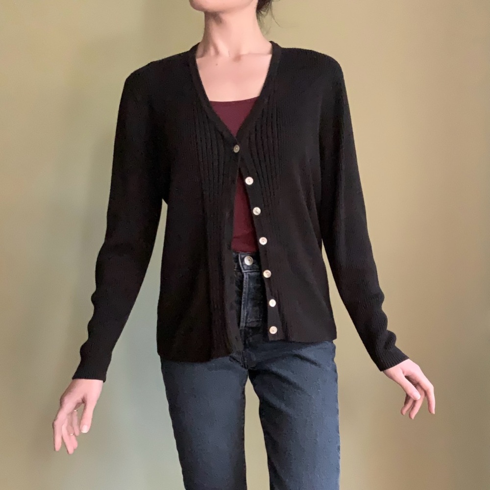 Simple Ribbed Knit Cardigan, Elegant Button Front V Neck Sweater